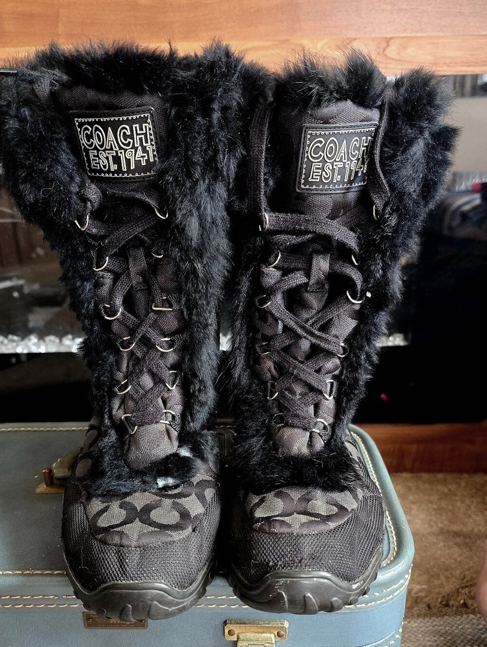 Coach Jennie Logo Jacquard Winter Boots Rabbit Fur Trim Black Monogram Size 91/2
